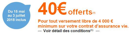 Assurance-Vie ING Direct Vie : 40€ offerts aux clients actuels, en cas d'un versement libre de 4.000€, valable jusqu'au 3 juillet 2018